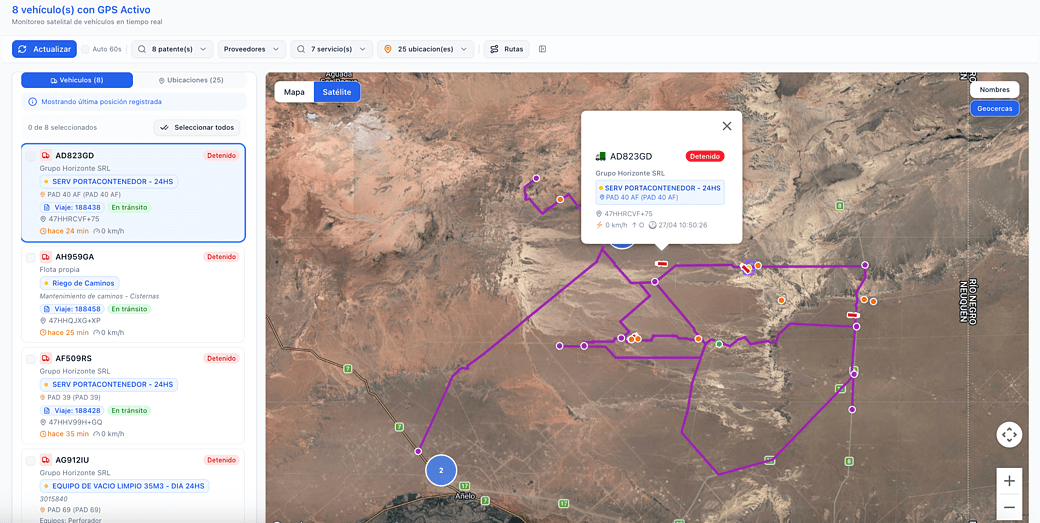 Monitoreo satelital en vivo con vehículos y app móvil de campo