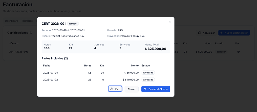 Certificación con partes incluidos, montos y aprobación